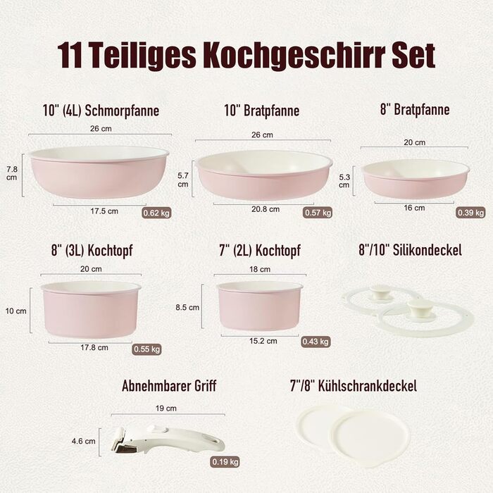 Набір посуду з антипригарним покриттям 11 предметів з знімними ручками (рожевий). Підходить для індукційних, газових плит, духовки та мийної машини. Без PFAS.