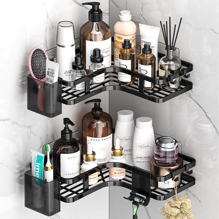 Поличка для душу без свердління, кутова, 2 шт. Органайзер для ванної кімнати з 4 гачками, чорний. Поличка для шампуню в душ, аксесуари для душу