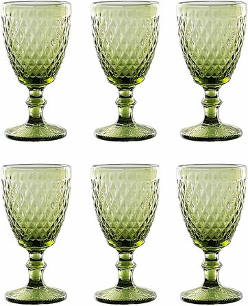 Vintage Set of 6 Colored Glasses and Tumblers with Diamond Pattern (Netz Green Wine Glass), Long Drink Glasses, Cocktail Glasses with Embossing, Glass, Tumbler, Wine Glass, Water Glass, Goblets