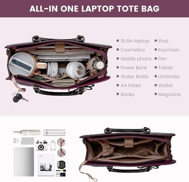 LOVEVOOK Сумка для ноутбука 15.6 дюймів, жіноча, велика, шкіряна, для роботи, навчання, офіційна, універсальна, на плечі, тоут, шкіряна сумка LOVEVOOK Violett-schwarz