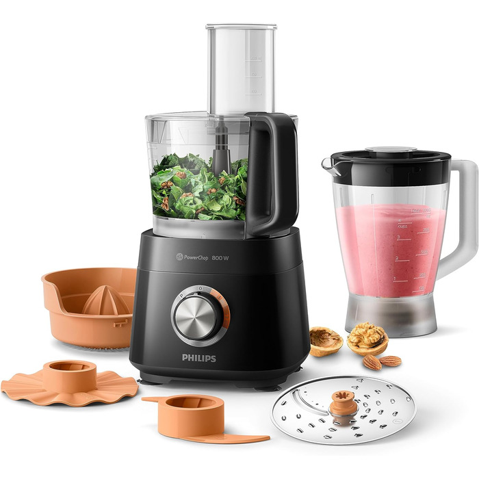 Philips Viva Collection Compact Food Processor - 800 W, with PowerChop Technology, 29 Functions, 2-in-1 Disc, Citrus Press, Black (HR7510/10) 800 Watt, 29 Functions