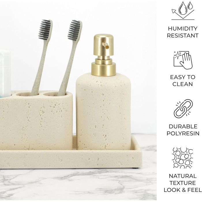 ZCCZ 4-Piece Bathroom Accessory Set, Black, with Soap Dispenser, Toothbrush Holder, Bathroom Cup, and Vanity Tray, Decorative Countertop Organizer (Beige 4pcs)