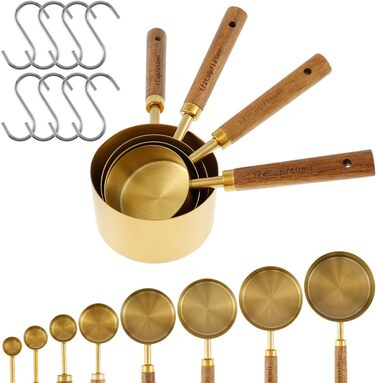 8-Piece Gold-Colored Measuring Cup and Spoon Set with Wooden Handle, Portable, Reusable, Stainless Steel Measuring Spoon Set with 8 Curved Hooks for Kitchen, Home, Baking