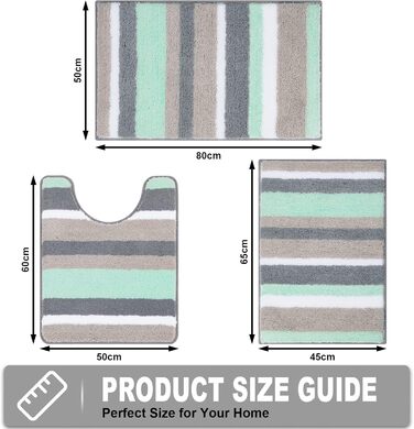 Pauwer Microfiber Bath Mat Set - 3 Piece Non-Slip Absorbent Bathroom Rugs for Shower, Bathtub & Toilet - Washable Bath Mat & Toilet Mat (Green)
