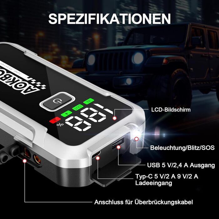 Powerbank для автомобіля Starthilfe 7000A 12V: Зарядний пристрій для авто з LED-ліхтариком, підходить для бензинових та дизельних двигунів до 10.0 л