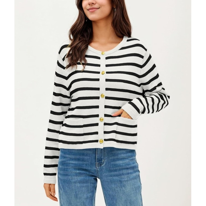 Жакет жіночий короткий з 2 кишенями на ґудзиках, смугастий, в'язаний, кардиган, мода, осінь (L, білий)