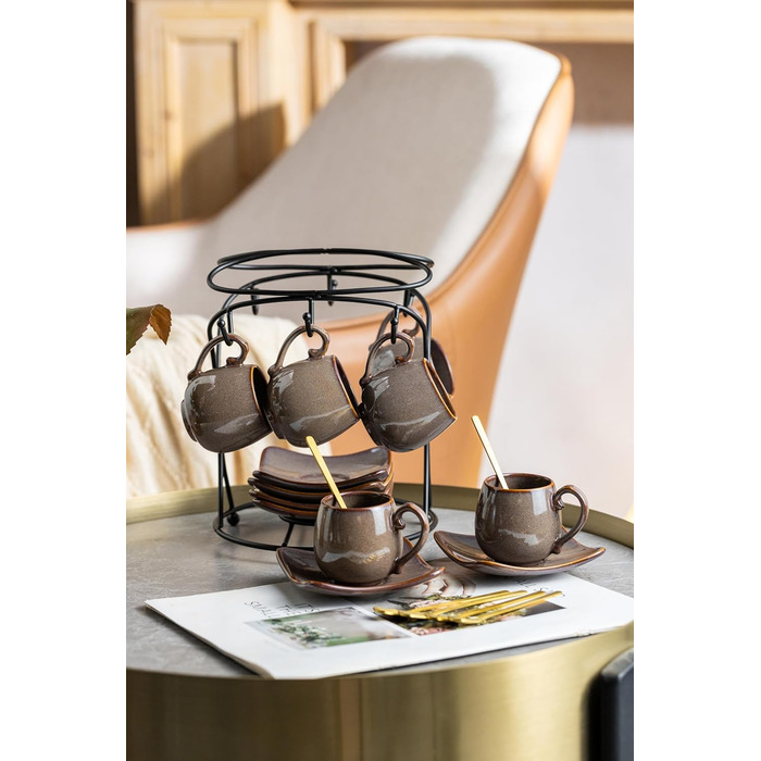 Набір кавових чашок для еспресо LYEOBOH (6 шт.) з підставками, 85 мл, кераміка, білий (A-brown)