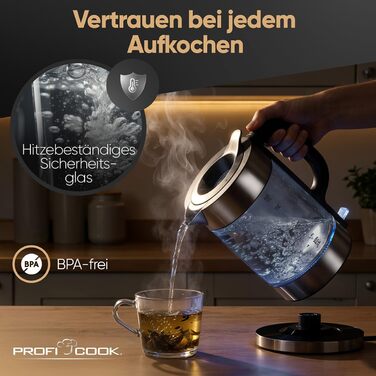 Скляний електрочайник ProfiCook PC WKS 1322, 1.7 л, 2200 Вт, з підсвіткою та корпусом із темної нержавіючої сталі Dark-inox