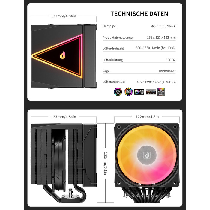 upHere UE2 Elite KC8C: Потужний кулер CPU з ARGB підсвічуванням (120мм, 8 heatpipes, 280W) для AM5/AM4/AM3, Intel 1851/1700/115x/1200