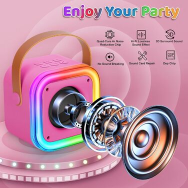 Караоке машина Spinosaurus для дітей з 2 мікрофонами, Bluetooth, LED-підсвічування, портативна колонка (рожева)