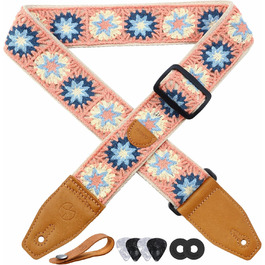 Гітарний ремінь 5,1 см з бавовняного друку, квітковий принт, з повним шкіряним кінцем, для бас-гітари, електрогітари та акустичної гітари, безкоштовна кнопка для ремінця, фіксатори ремінця та медіатори. Жовті ромашки (Рожеві ромашки)