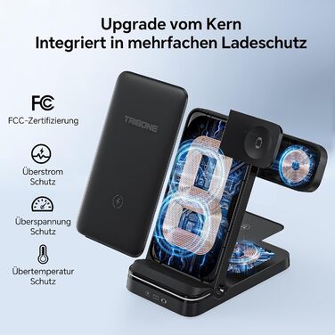 Бездротовий зарядний пристрій 3-в-1, складаний, швидка зарядка для iPhone 15/14/13/12/11 Pro Max, XR, XS, 8 Plus, Apple Watch 9/8/7/6/5/4/3/2 SE, AirPods Pro 3/2 (Чорний)