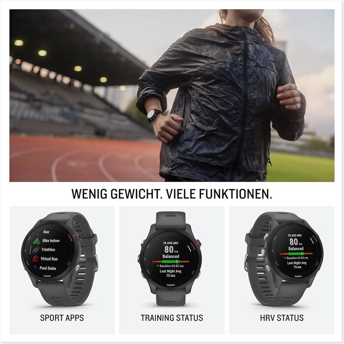 Garmin Forerunner 255 – GPS-годинник для бігу з індивідуальними планами тренувань, функціями для бігу та детальною аналітикою. 1.3' дисплей, до 14 днів роботи від акумулятора, водонепроникний (Non-Music, 46 мм, Шкіряний сірий)