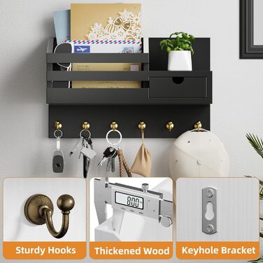 Настінна органайзер для ключів з 6 гачками та шухлядою, дерев'яна полиця для ключів, настінна вішалка для ключів, для прихожей, офісу, вітальні (білий)