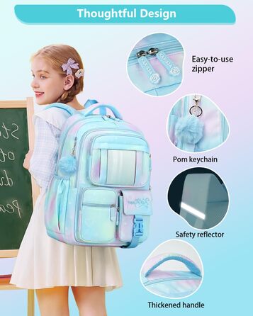 Рюкзак для дівчинки Tanou - шкільний ранець для 1-4 класів, дихаючий, водовідштовхуючий, нейлон, блакитний