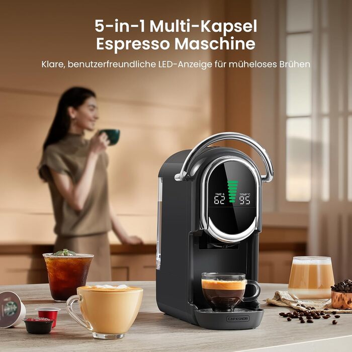 Кавомашина капсульна Magician1 Mini Kapselmaschine 5in1 для Nespresso, Dolce Gusto, Lavazza A Modo Mio, ESE 44, кавової гущі | 20 бар, 1450 Вт, LED-дисплей, 7 рівнів води | для дому та офісу (Сірий)