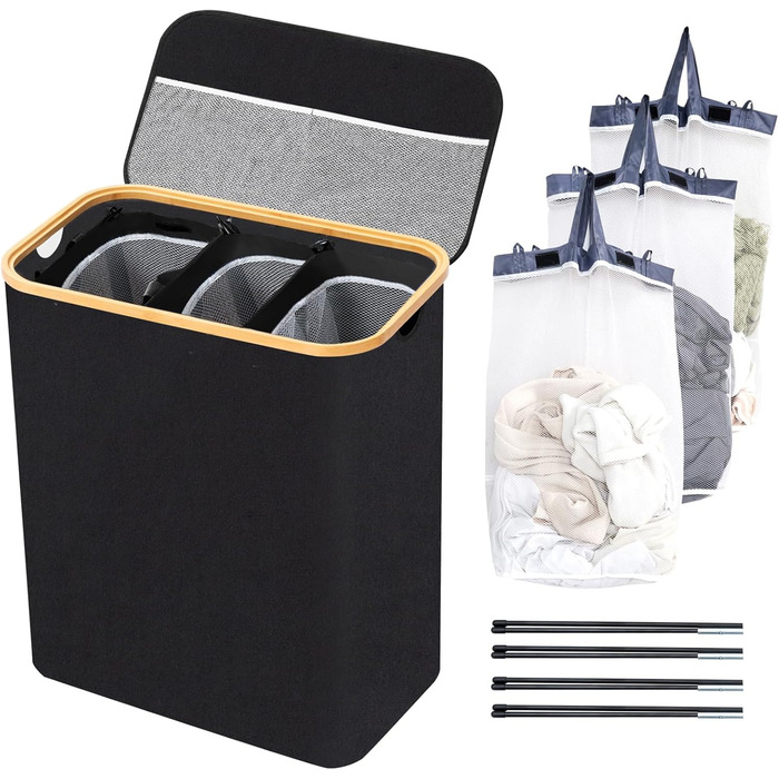 BRIAN & DANY Laundry Basket with 3 Compartments and Lid, Laundry Collector, Laundry Sorting System, Removable, Water-Repellent, Foldable Laundry Box, Narrow Laundry Basket 145L for the Family, Black