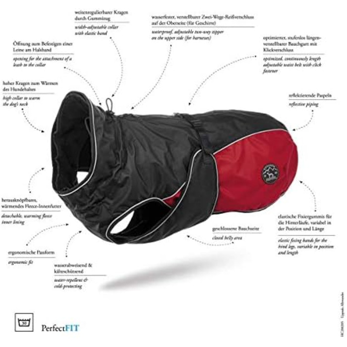 Hunter UPPSALA ALLROUNDER Dog Coat, 2-in-1, Detachable Fleece Lining, Water-Repellent, Size 50, Anthracite/Red 50 Anthracite/Red