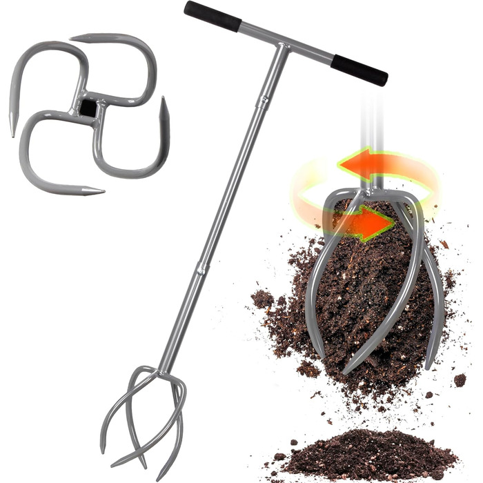 Walensee Garden Claw with 4 Tines Cultivator, Earth Claw and Handle. Gardenclaw Twist Tiller, Aerator and Weed Remover all in one device. Height adjustable garden cultivator for raised garden beds.