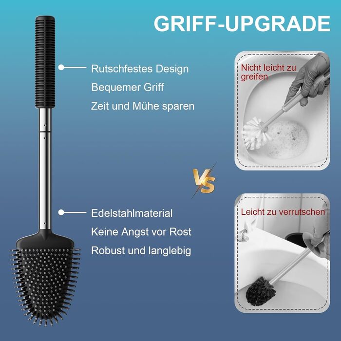 Щітка для унітазу Waretary з силіконовою щетиною та тримачем з нержавіючої сталі, гнучкий наконечник для глибокого очищення, швидковисихаюча, для кріплення на стіні або встановлення на підлогу, чорний