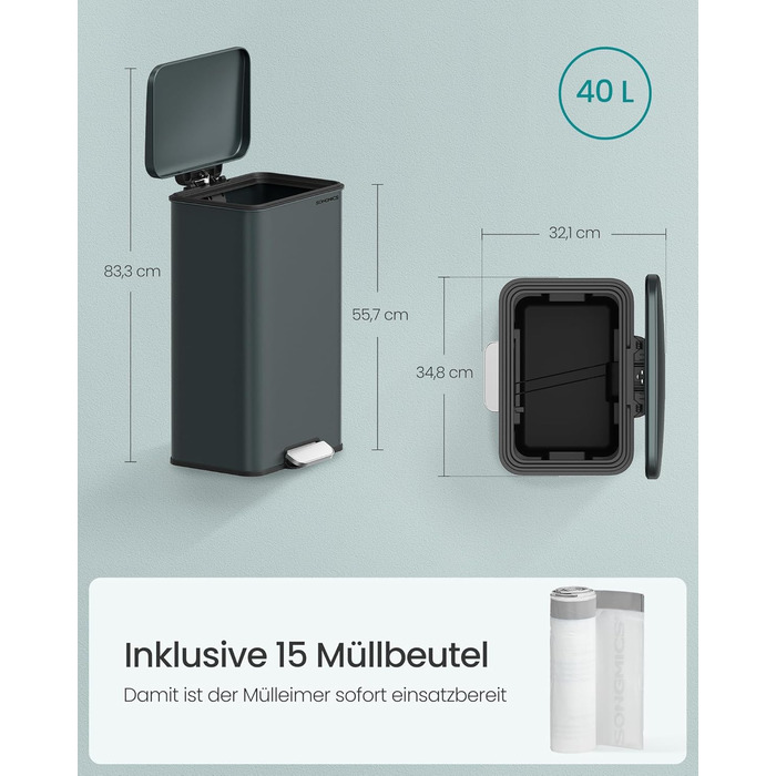 Відро для сміття SONGMICS 40 л з педаллю, сталеве, Softclose, сірий антрацит, з мішками (LTB540A02)