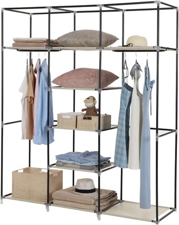 SONGMICS Closet, Clothes Rack, Folding Wardrobe with Clothes Rod, Garment Rack, Storage, Pockets, Shoes, Bedroom, Dressing Room, 45 x 150 x 175 cm, RYG12B (Beige)