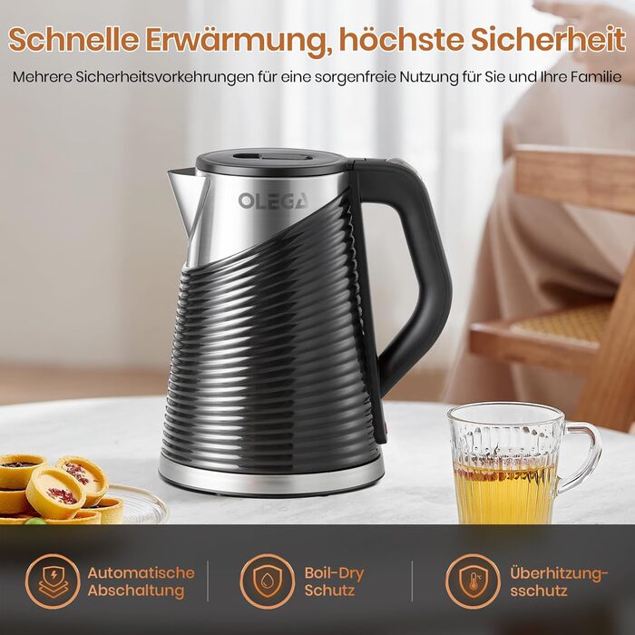 Електричний чайник OLEGA 1.8 л, 1800 Вт, швидкий нагрів, чорний, BPA Free