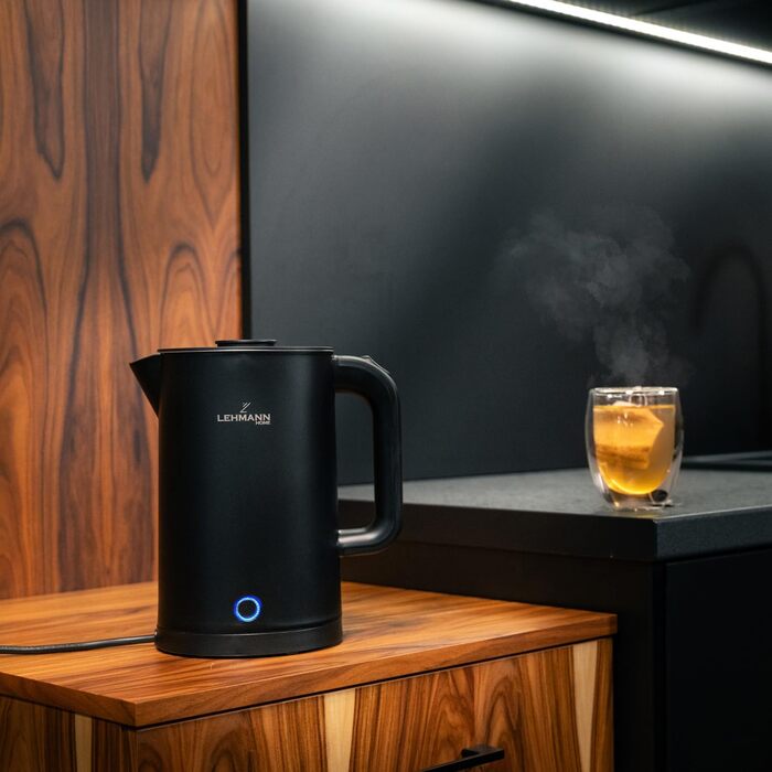 Електричний чайник LEHMANN з нержавіючої сталі 1,7л, 2200W, швидкий нагрів, подвійні стінки, автовимкнення та захист від перегріву, BPA-free, для дитячого харчування, чаю та кави, чорний