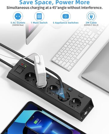 Мережевий фільтр Steckdoseleiste 5-fach з вимикачами, захистом від перенапруги 1050J, для дому та офісу, 2м кабель (чорний)
