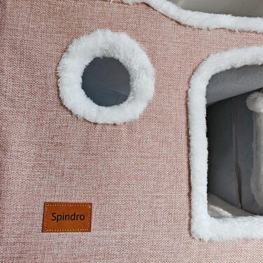 Spindro Cat Cave Cat Bed Large, Cat House Indoor Cat Sleeping Place with Removable Sherpa Cat Cushion and Hanging Toy, Cat Bed, Light Grey 42x42x33cm (2 level (42cmx42cmx33cm), Pink)