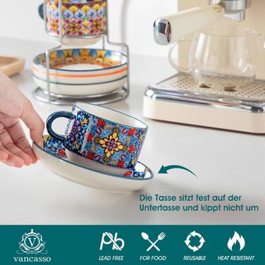 Набір чашок для еспресо Vancasso 4 шт., 150 мл SIMI з підставками та стійкою, керамічні, для капучино, еспресо, лате