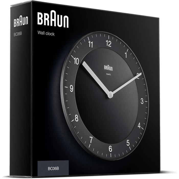 Braun Classic analog wall clock with quiet quartz movement, easy-to-read dial with a 20 cm diameter in black, model BC06B.