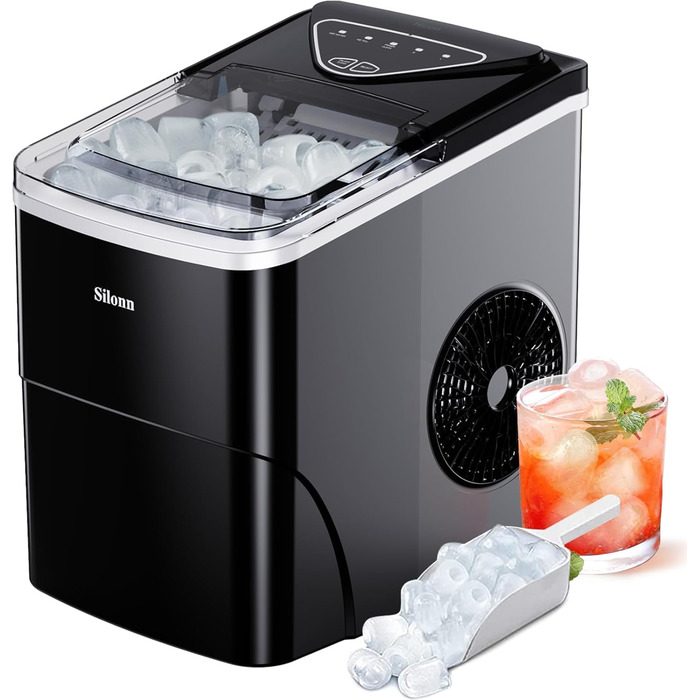 Silonn Ice Maker - Compact Ice Cube Machine for Kitchen, Bar, Office & Party - 2 Sizes, 12KG/24H, Self-Cleaning, Black