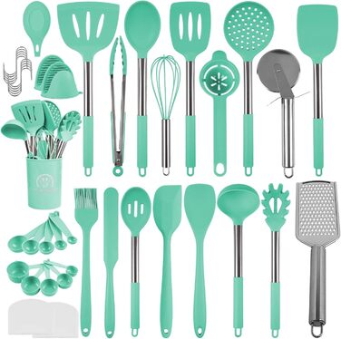 Набір кухонних помічників 45 предметів: силіконове кухонне приладдя, тримач, вінчик з нержавіючої сталі, половник, лопатка, придатне для миття в посудомийній машині, колір блакитний