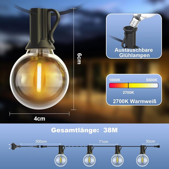 LED гірлянда Yuusei для вулиці та дому, 100+4 лампочки, тепле світло, IP45, G40, 38м