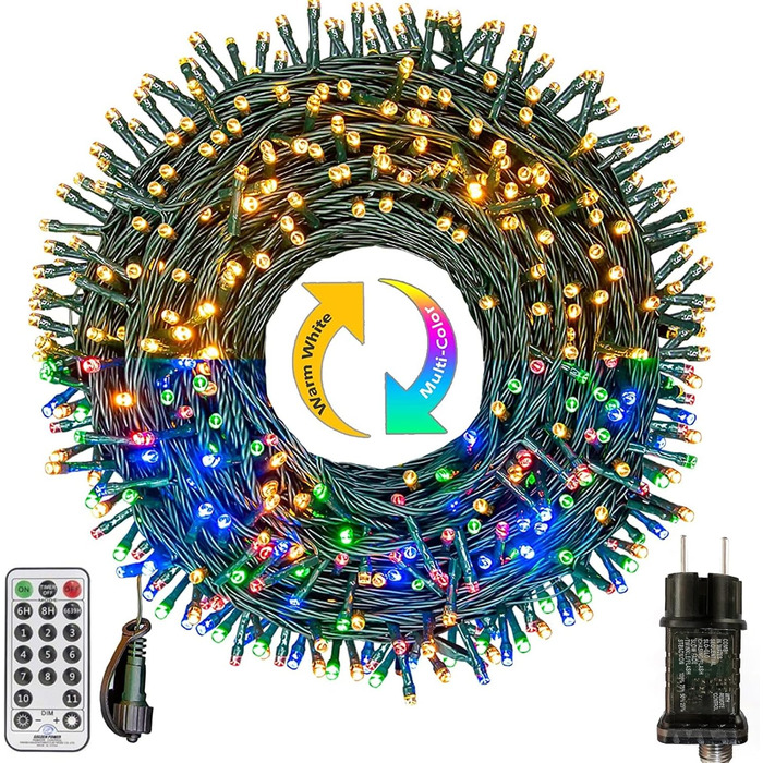Гірлянда святкова 50 метрів, 100 LED, тепле біле та кольорове світло, з пультом, таймером, 11 режимів, для декору балкона, саду, вечірки, весілля, Різдва