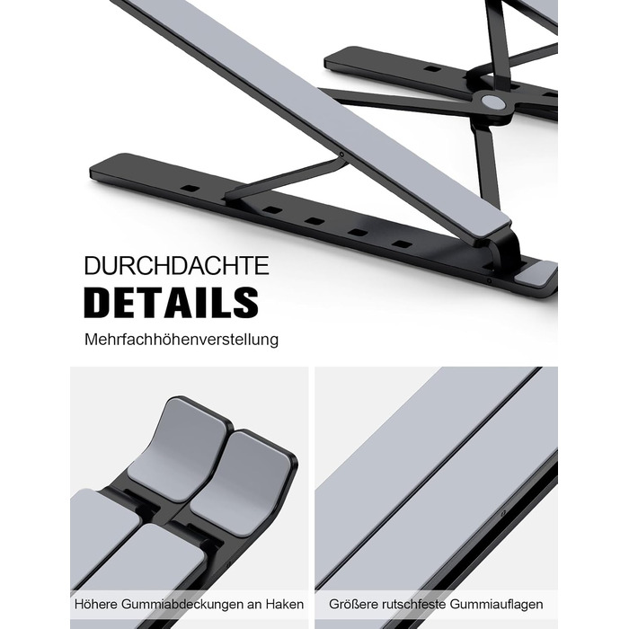 Підставка для ноутбука Babacom, алюмінієва, 5-рівнів, регульована висота, вентильована, сумісна з MacBook Pro Air та іншими ноутбуками 10-15.6” та планшетами (чорна)