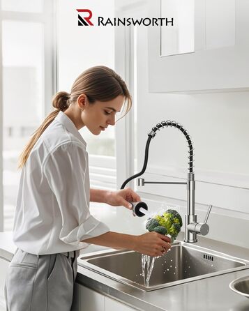 Кухонний змішувач Rainsworth з нержавіючої сталі з двома режимами струменя та висувною лійкою, 360° обертання, висота 45 см