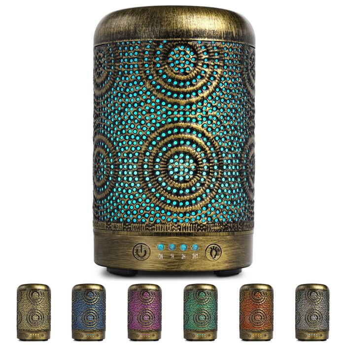 SALKING Аромадифузор, 100 мл, Металевий, для дому та офісу, з підсвіткою, 7 кольорів, для ефірних олій, зволожувач повітря, золотий