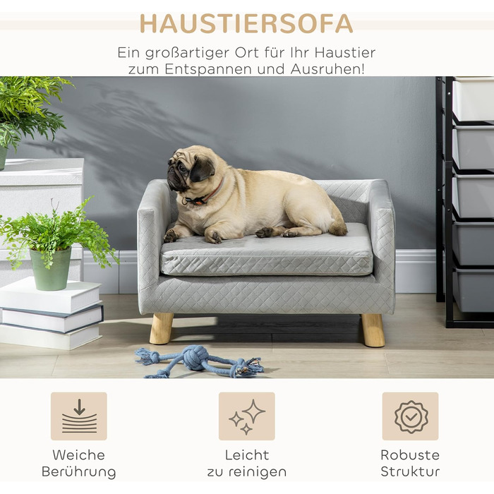 Диван для собак PawHut з дерев'яними ніжками, лежанка для домашніх тварин, м'яка подушка для собак, підходить для маленьких собак до 8 кг, сірий, 64 x 45 x 36 см
