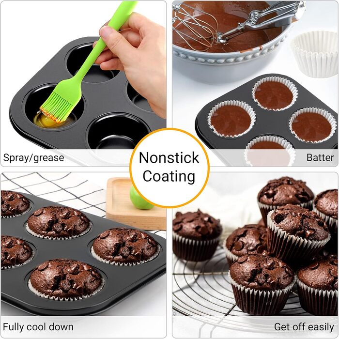 6-Cup Muffin Tin, Non-Stick Coated, 2 Pack, Carbon Steel, Muffin Tin, Baking Pan Set, Cupcake Baking Pan for Oven
