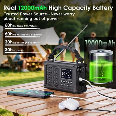 Радіоприймач Kurbelradio з DAB/DAB+/UKW, акумулятор 12000mAh, сонячна панель 8500mm², ручне радіо, Bluetooth 5.0, ліхтарик, ліхтар для читання, Outdoor, кемпінг, зелений (чорний)