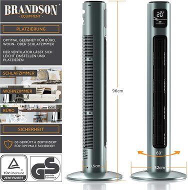 Вентилятор торгової марки Brandson з пультом керування, 96 см, 3 швидкості, осциляція 60°, темний синій (F: Сріблястий м'ятний)