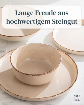 Набір посуду з каменю 12 осіб Rustic 48 предметів, Преміум якість, Стиль кантрі, Набір тарілок та мисок, Тарілька для сервірування, Набір Pure Living у бежевому кольорі 48 предметів