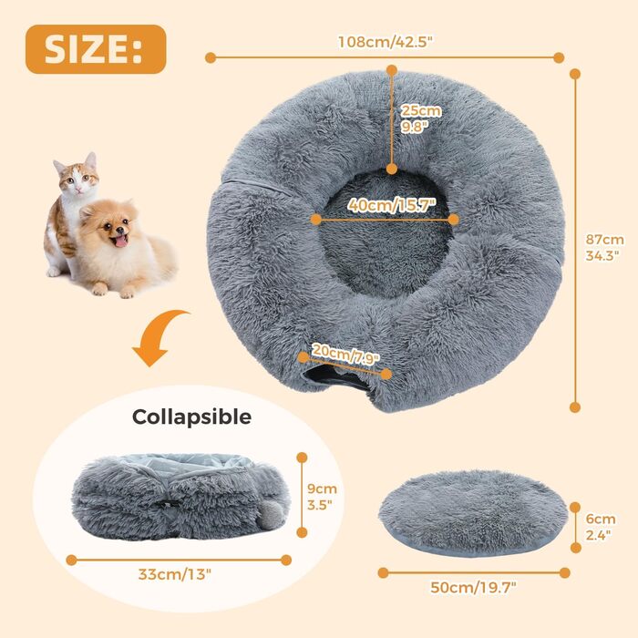 PAWZ Road Plush Cat Tunnel for Indoor Cats, Multifunctional Cat Toy Grey
