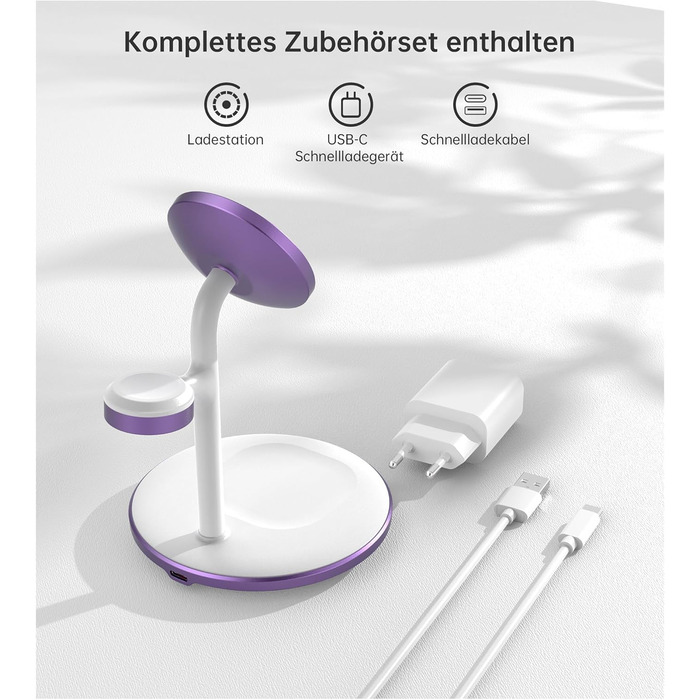 3-в-1 Бездротова Зарядка для Багатьох Пристроїв: iPhone, iWatch, AirPods (15W, MagSafe, Lila)