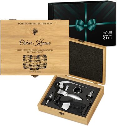 Maverton Personalized Wine Opener Set - Sommelier Set - Gift Box with Wooden Box + 6-Piece Wine Accessory Set - Made of Bamboo - Brown - Birthday Gift for Men - (True Connoisseur)