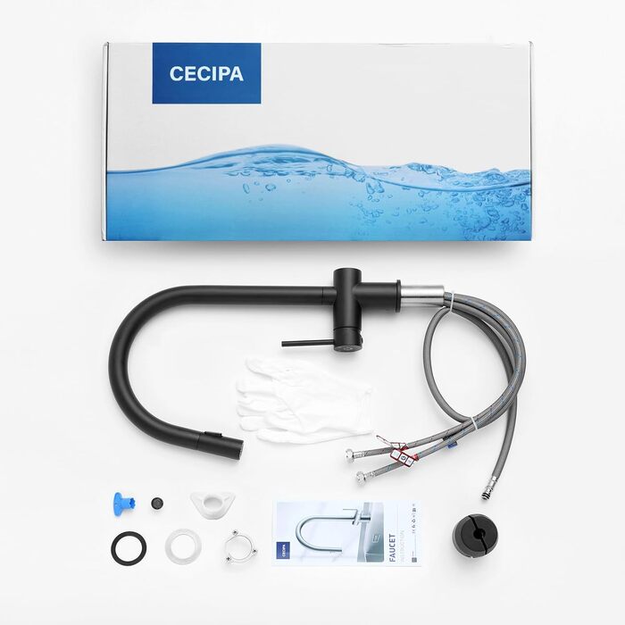 Чорний кухонний змішувач CECIPA SOFETIY SERIE з висувною лійкою, 360° поворот, нержавіюча сталь, 2 режими струменя