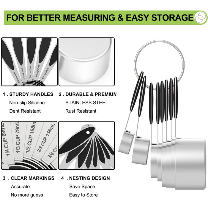 Measuring cups and spoons – Wildone stainless steel 20-piece stackable set, includes 8 black measuring cups, 10 measuring spoons, 1 leveler, and 1 whisk, for dry and liquid ingredients