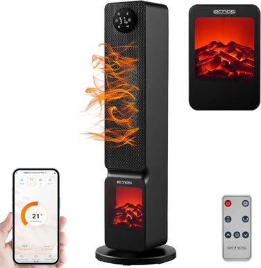 Electric Heater with Fireplace Illusion, Energy-Saving, Oscillating, Overheat Protection, 2000 Watts, 2 Levels, Controllable via Smartphone with Tuya App, Heater, Quiet Mobile Heater, Electric Heater, Mini Heater